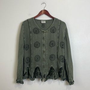 Cute Options Women’s Green Embroidery Button Up Blouse Size S Velvet Details